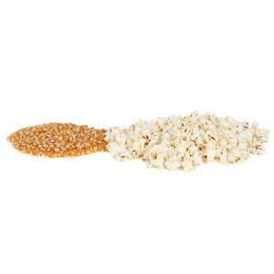 image of yellow kernels unpopped, and yellow popcorn popped.